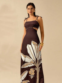 CAJUNI Vestido Boho Feminino Estampa de Árvore de Banana, Vestido Preto Casual de Verão com Amarração Oca na Cintura Sem Mangas, Vestido Casual de Férias