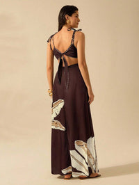 CAJUNI Vestido Boho Feminino Estampa de Árvore de Banana, Vestido Preto Casual de Verão com Amarração Oca na Cintura Sem Mangas, Vestido Casual de Férias