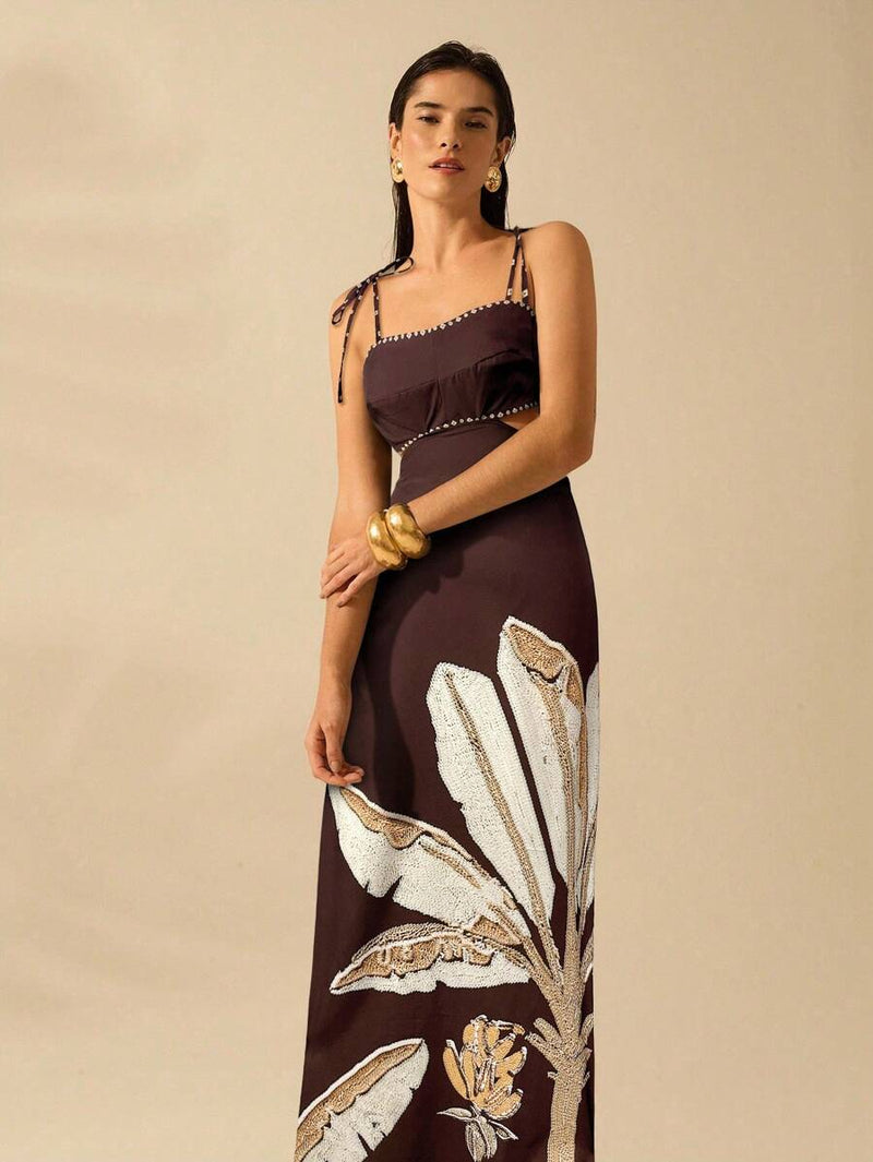 CAJUNI Vestido Boho Feminino Estampa de Árvore de Banana, Vestido Preto Casual de Verão com Amarração Oca na Cintura Sem Mangas, Vestido Casual de Férias