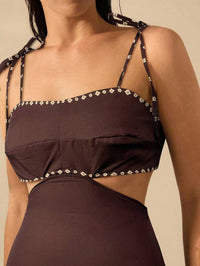 CAJUNI Vestido Boho Feminino Estampa de Árvore de Banana, Vestido Preto Casual de Verão com Amarração Oca na Cintura Sem Mangas, Vestido Casual de Férias