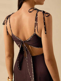 CAJUNI Vestido Boho Feminino Estampa de Árvore de Banana, Vestido Preto Casual de Verão com Amarração Oca na Cintura Sem Mangas, Vestido Casual de Férias