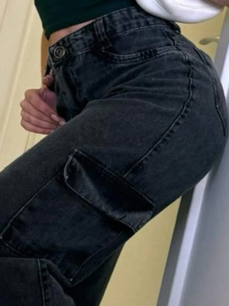 Calça Jeans Cargo Feminina Moda Street Tecido Premium 100% Algodão Escura