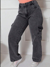 Calça Wide  Cargo Jeans Feminina Moda Street Premium 100% Algodão BOLSO