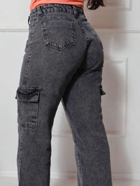 Calça Wide  Cargo Jeans Feminina Moda Street Premium 100% Algodão BOLSO