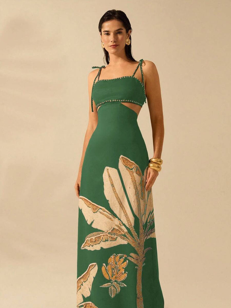 CAJUNI Vestido Boho Feminino Estampa de Árvore de Banana, Vestido Preto Casual de Verão com Amarração Oca na Cintura Sem Mangas, Vestido Casual de Férias