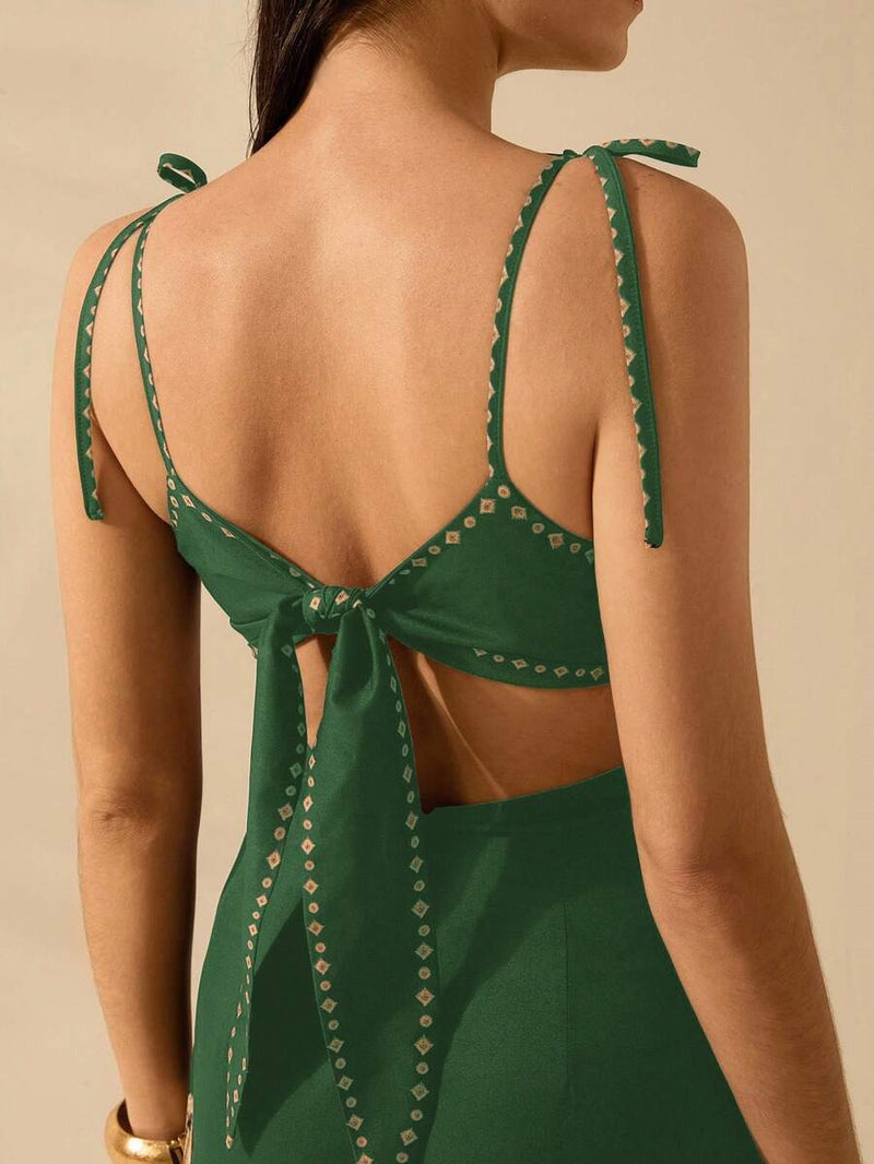 CAJUNI Vestido Boho Feminino Estampa de Árvore de Banana, Vestido Preto Casual de Verão com Amarração Oca na Cintura Sem Mangas, Vestido Casual de Férias