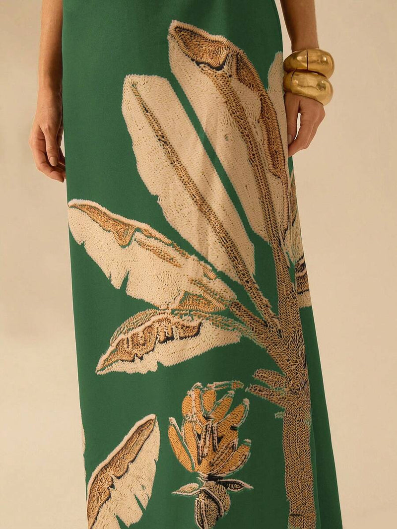 CAJUNI Vestido Boho Feminino Estampa de Árvore de Banana, Vestido Preto Casual de Verão com Amarração Oca na Cintura Sem Mangas, Vestido Casual de Férias