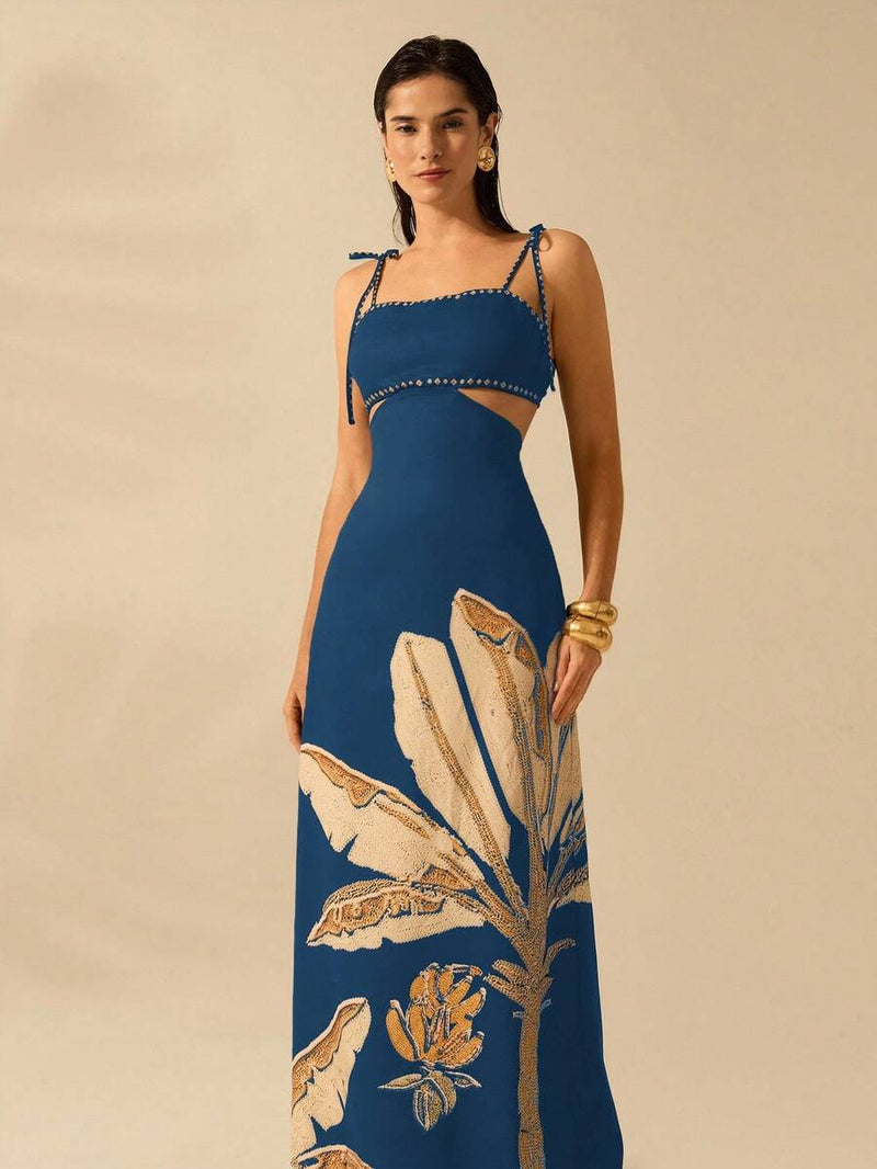 CAJUNI Vestido Boho Feminino Estampa de Árvore de Banana, Vestido Preto Casual de Verão com Amarração Oca na Cintura Sem Mangas, Vestido Casual de Férias