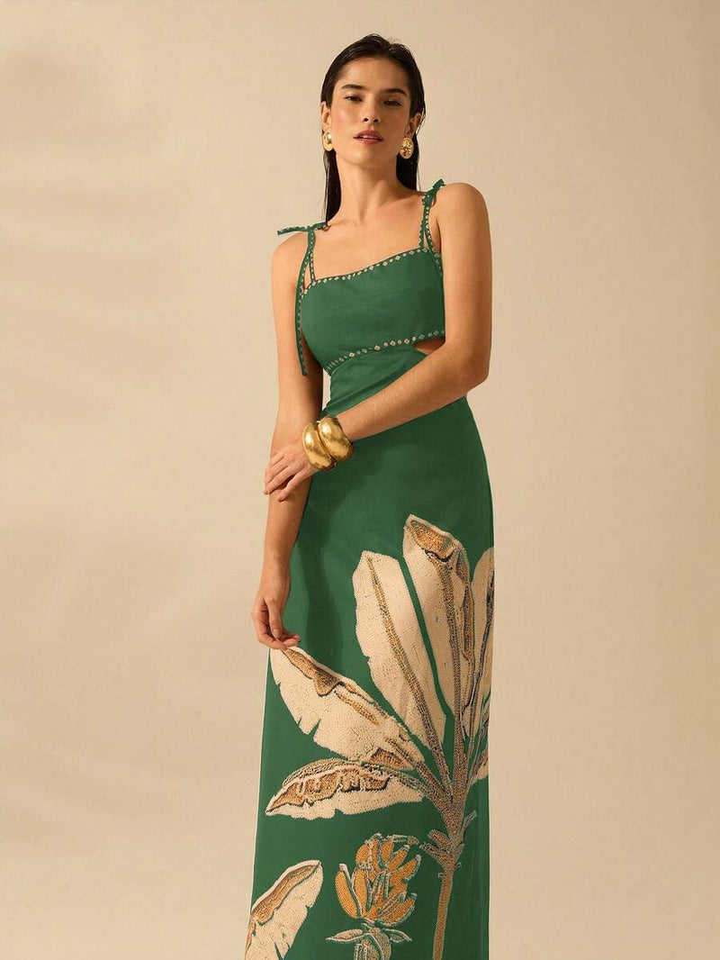 CAJUNI Vestido Boho Feminino Estampa de Árvore de Banana, Vestido Preto Casual de Verão com Amarração Oca na Cintura Sem Mangas, Vestido Casual de Férias