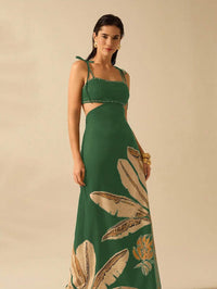 CAJUNI Vestido Boho Feminino Estampa de Árvore de Banana, Vestido Preto Casual de Verão com Amarração Oca na Cintura Sem Mangas, Vestido Casual de Férias