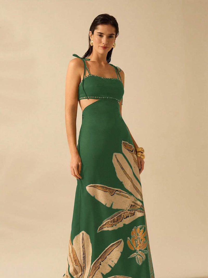 CAJUNI Vestido Boho Feminino Estampa de Árvore de Banana, Vestido Preto Casual de Verão com Amarração Oca na Cintura Sem Mangas, Vestido Casual de Férias