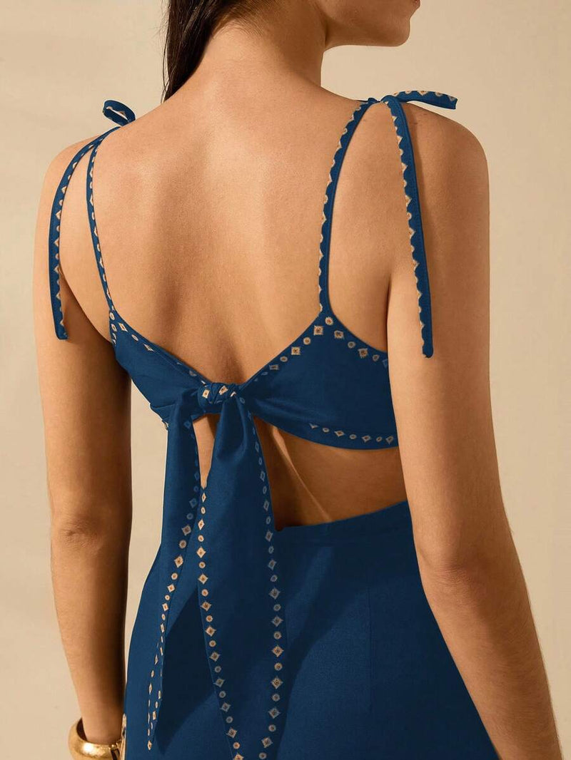 CAJUNI Vestido Boho Feminino Estampa de Árvore de Banana, Vestido Preto Casual de Verão com Amarração Oca na Cintura Sem Mangas, Vestido Casual de Férias