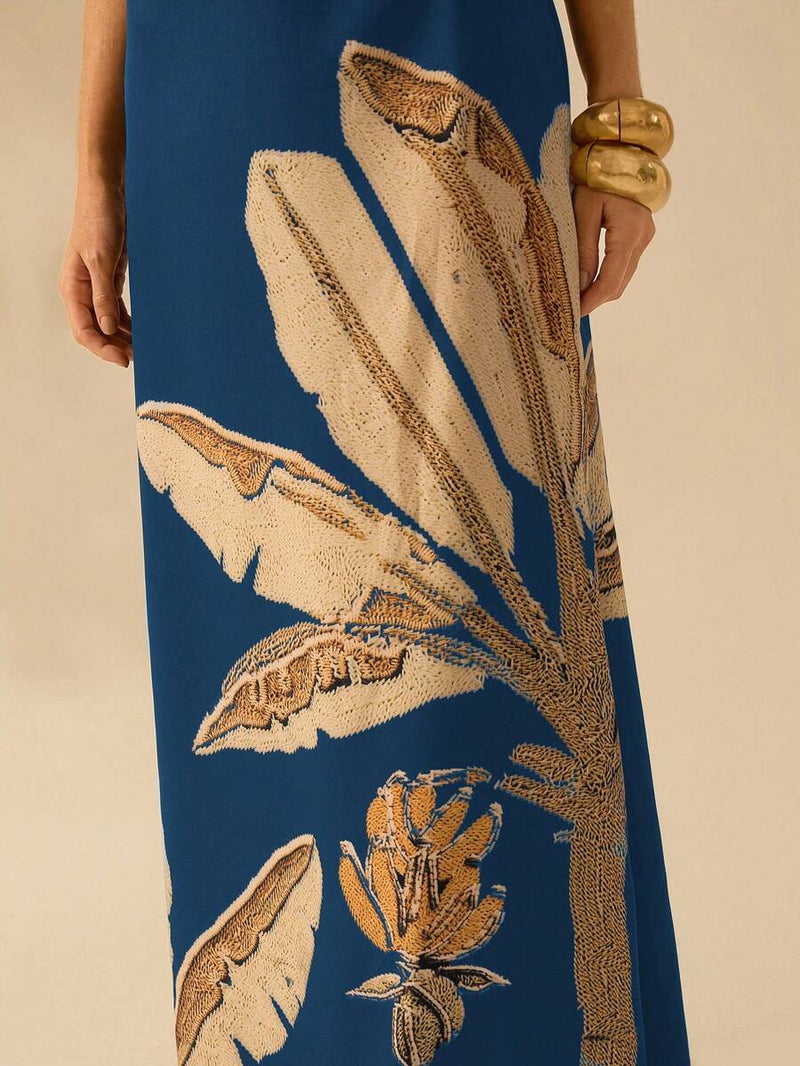 CAJUNI Vestido Boho Feminino Estampa de Árvore de Banana, Vestido Preto Casual de Verão com Amarração Oca na Cintura Sem Mangas, Vestido Casual de Férias