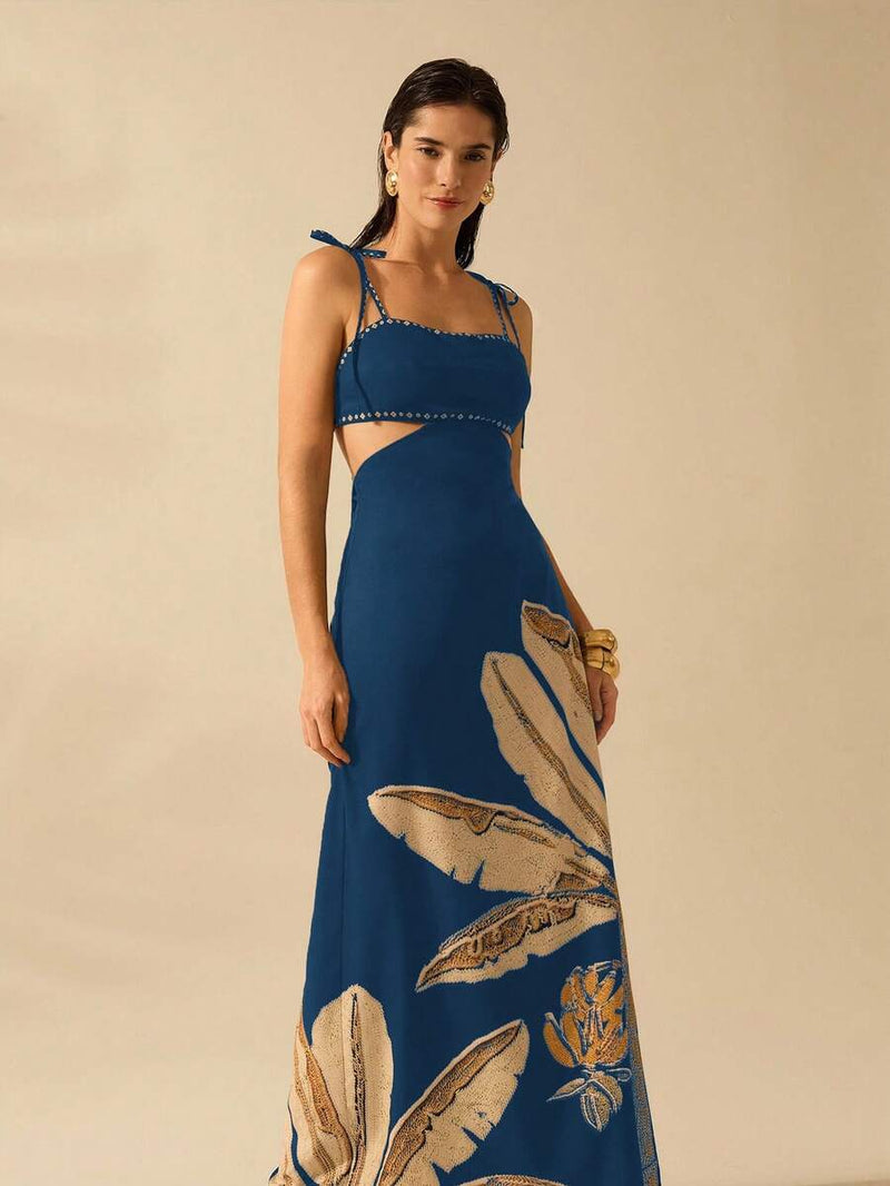 CAJUNI Vestido Boho Feminino Estampa de Árvore de Banana, Vestido Preto Casual de Verão com Amarração Oca na Cintura Sem Mangas, Vestido Casual de Férias