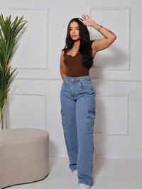 Calça Wide  Cargo Jeans Feminina Moda Street Premium 100% Algodão BOLSO