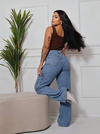 Calça Wide  Cargo Jeans Feminina Moda Street Premium 100% Algodão BOLSO