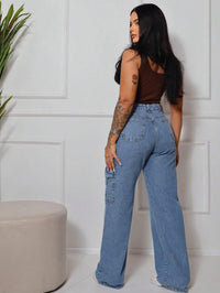 Calça Wide  Cargo Jeans Feminina Moda Street Premium 100% Algodão BOLSO