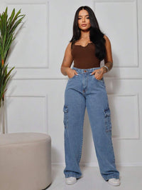 Calça Wide  Cargo Jeans Feminina Moda Street Premium 100% Algodão BOLSO