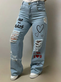 Calça Wide Leg Jeans Feminina Com Rasgos e letras