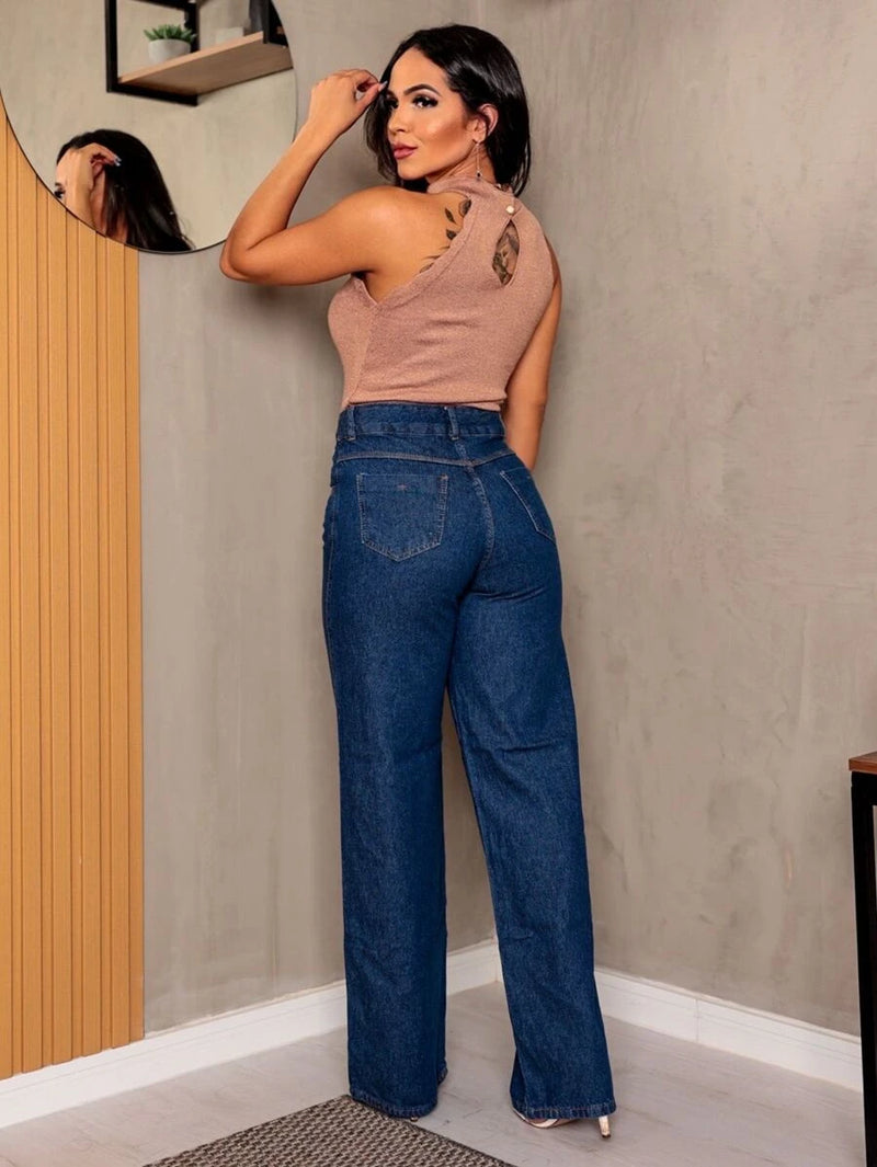 WIDE LEG Jeans Escura Cntura Alta Pantalona cintura alta 100% algodão