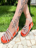 Sandália feminina de pedraria papete flatform das blogueiras tiras strass promoção (LORENA)