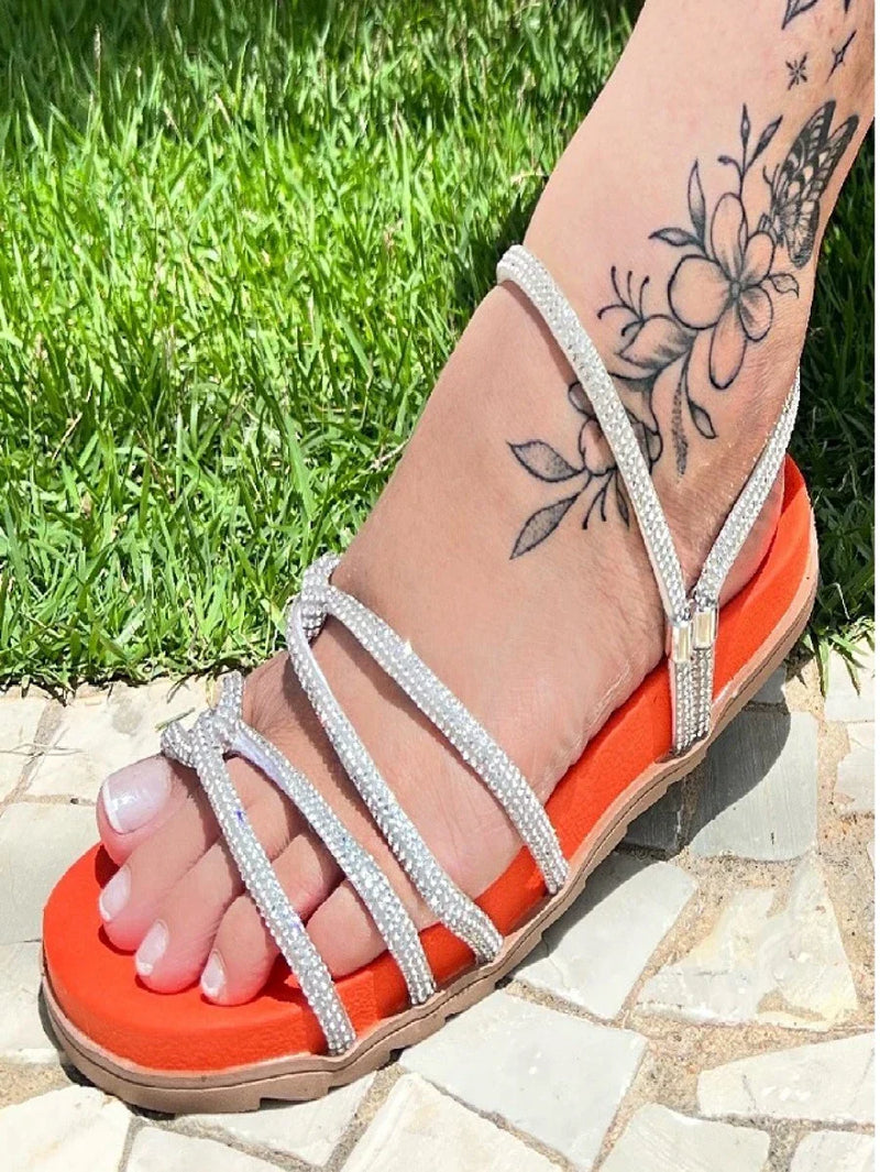 Sandália feminina de pedraria papete flatform das blogueiras tiras strass promoção (LORENA)