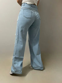 Calça Wide Leg Jeans Feminina Com Rasgos e letras