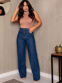 WIDE LEG Jeans Escura Cntura Alta Pantalona cintura alta 100% algodão