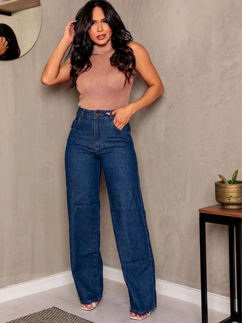 WIDE LEG Jeans Escura Cntura Alta Pantalona cintura alta 100% algodão