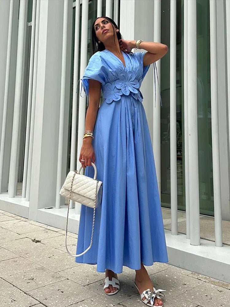 Vestido Maxi Feminino com Flores 3D - Estilo Mônaco