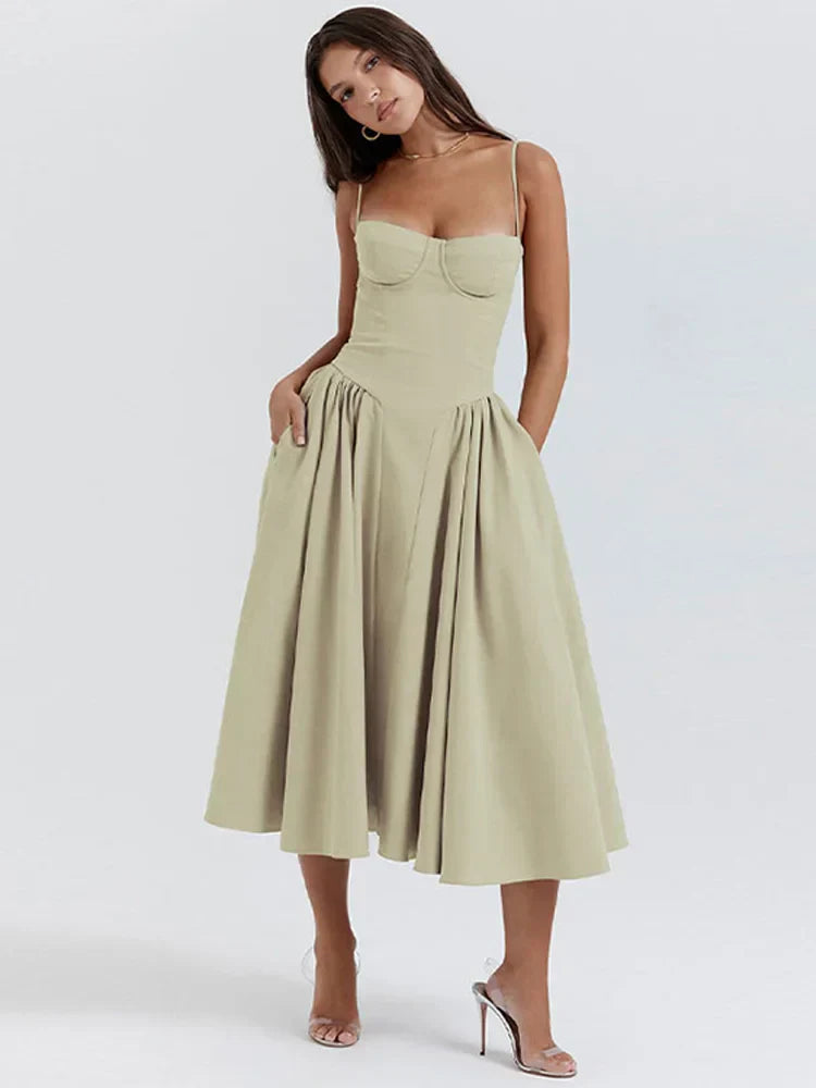 Vestido Midi Evasê com Alças Finas Feminino