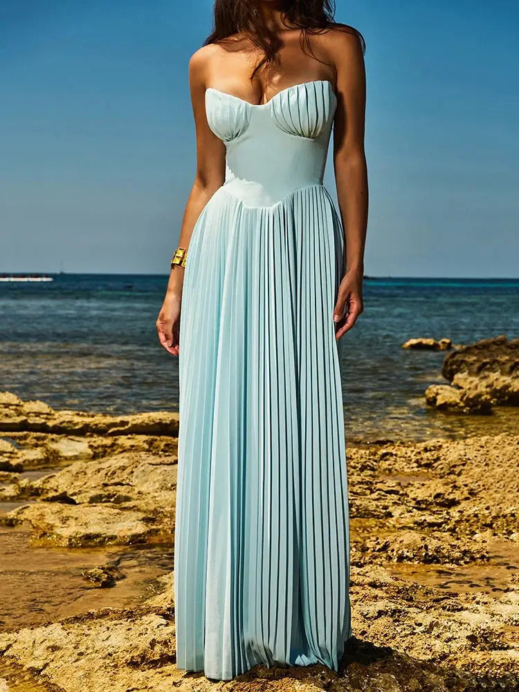 Vestido Longo Sem Alças com Saia Plissada - Aurora
