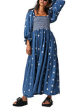 Vestido Longo Boho Bordado com Mangas Bufantes – Elegância e Conforto para Todas as Ocasiões