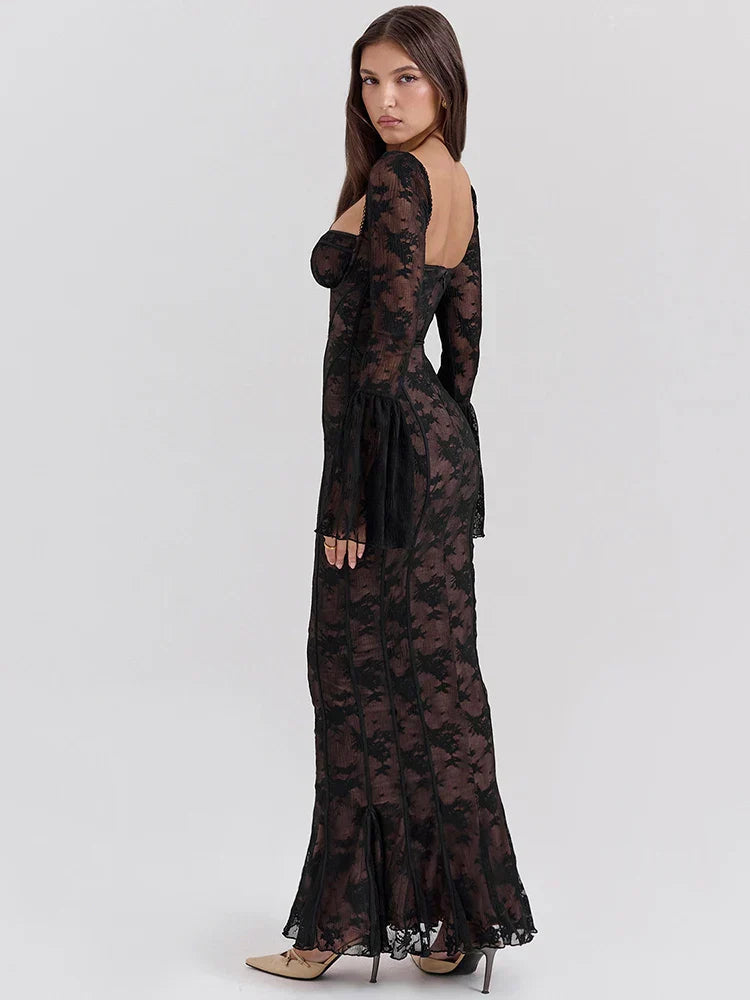 Vestido Longo de Renda com Manga Flare e Ajuste Colado - Festa Luxo