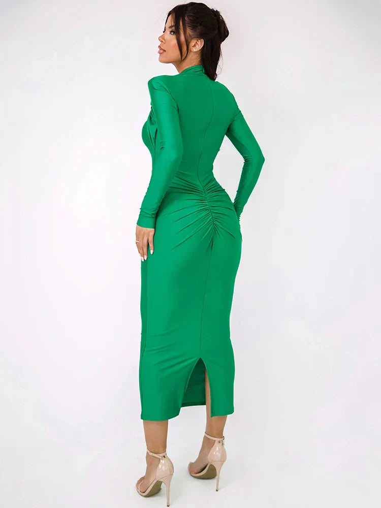 Vestido Midi Justo com Drapeado e Manga Longa Feminino