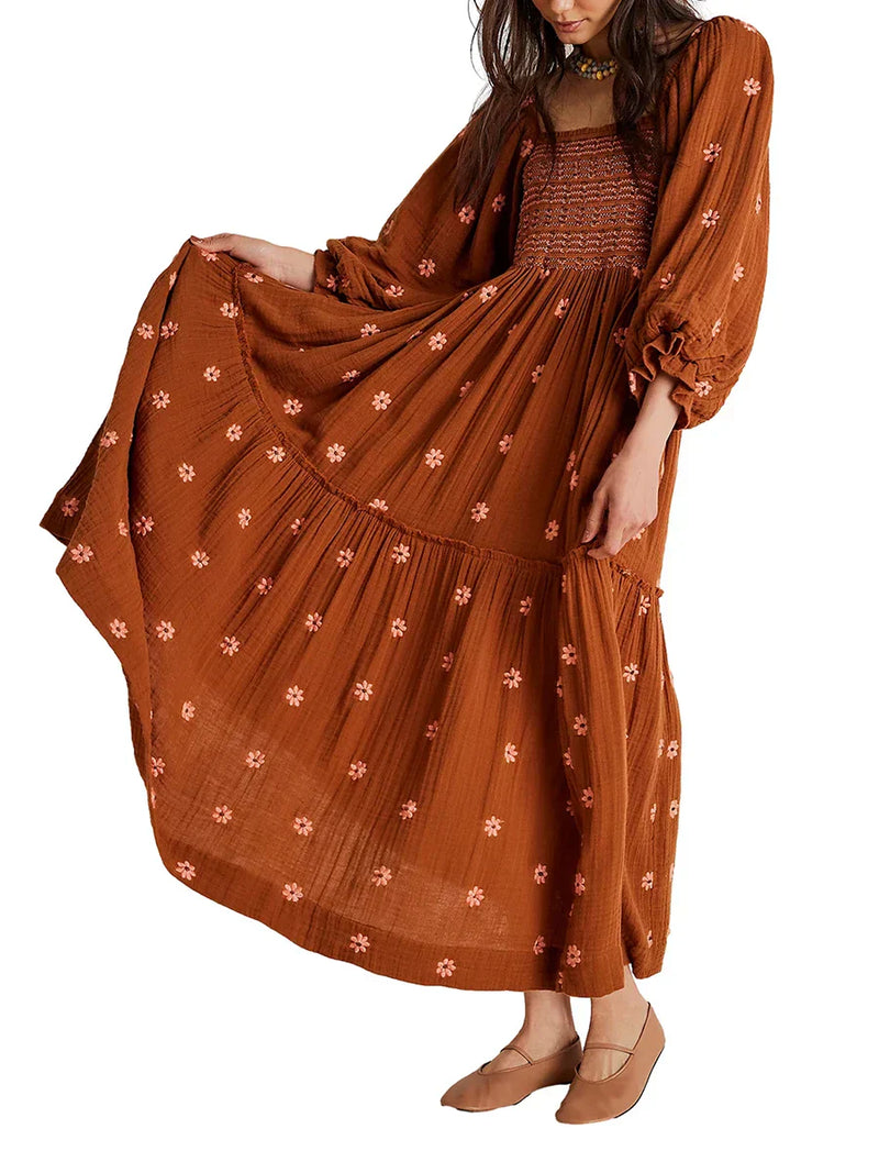 Vestido Longo Boho Bordado com Mangas Bufantes – Elegância e Conforto para Todas as Ocasiões
